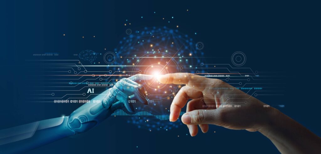 BEST Course 2026 of BEST Leuven banner. It shows a robotic forearm and a human forearm with their index fingers touching. Binary numbers, a spherical network in the background and the abbreviation "AI" show that this is meant to represent the connection between the human and the digital. Since the point where they touch lights up we can assume that this is something wonderful or a nuclear explosion is starting idk